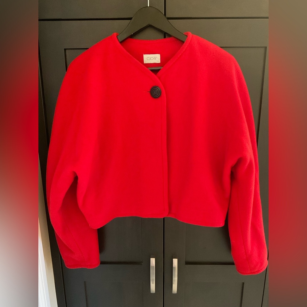 ❤️ 🇨🇦 Vintage 80s/90s CLICHY Red Cropped Wool Blend Button Blazer Sz 12 EUC